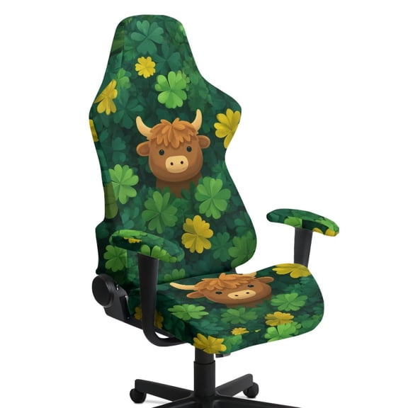 SCRAWLGOD St. Patrick's Day Shamrock Highland Cow Print Green Set of 4 Gaming Chair Covers Slipcovers, Stretchable Breathable Computer Reclining Gaming Chair Seat Cover with Armrest Covers