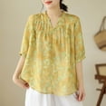 thumbnail image 5 of Luxalzxs Womens Summer Cotton Linen Tops Loose Casual Boho Floral Print Pleated Shirt Half Sleeve Notch V-Neck Tees Tops, 5 of 5