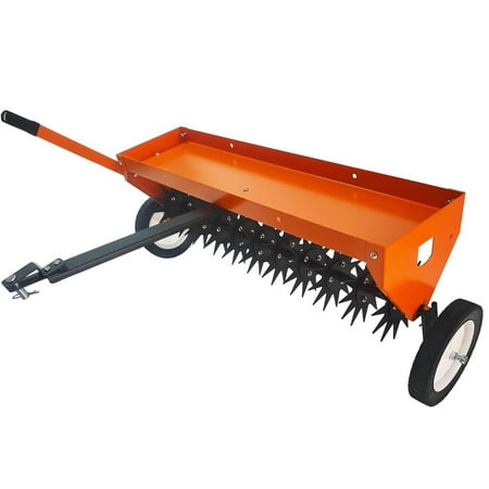 M optimized 40 Tow Behind Plug Aerator with Transport Wheels Steel Teeth Tray Pull Behind Aerator with Adjustable Handle for Farm Lawn Garden