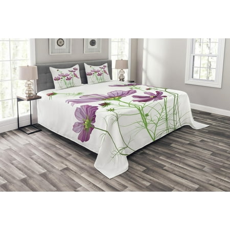 - Green Flower Bedspread Set, Cosmos Bipinnatus Pattern Spring Season Flora Asteraceae Bloom Botany Element, Decorative Quilted Coverlet Set with Pillow Shams Included, Lilac Green, by Ambesonne