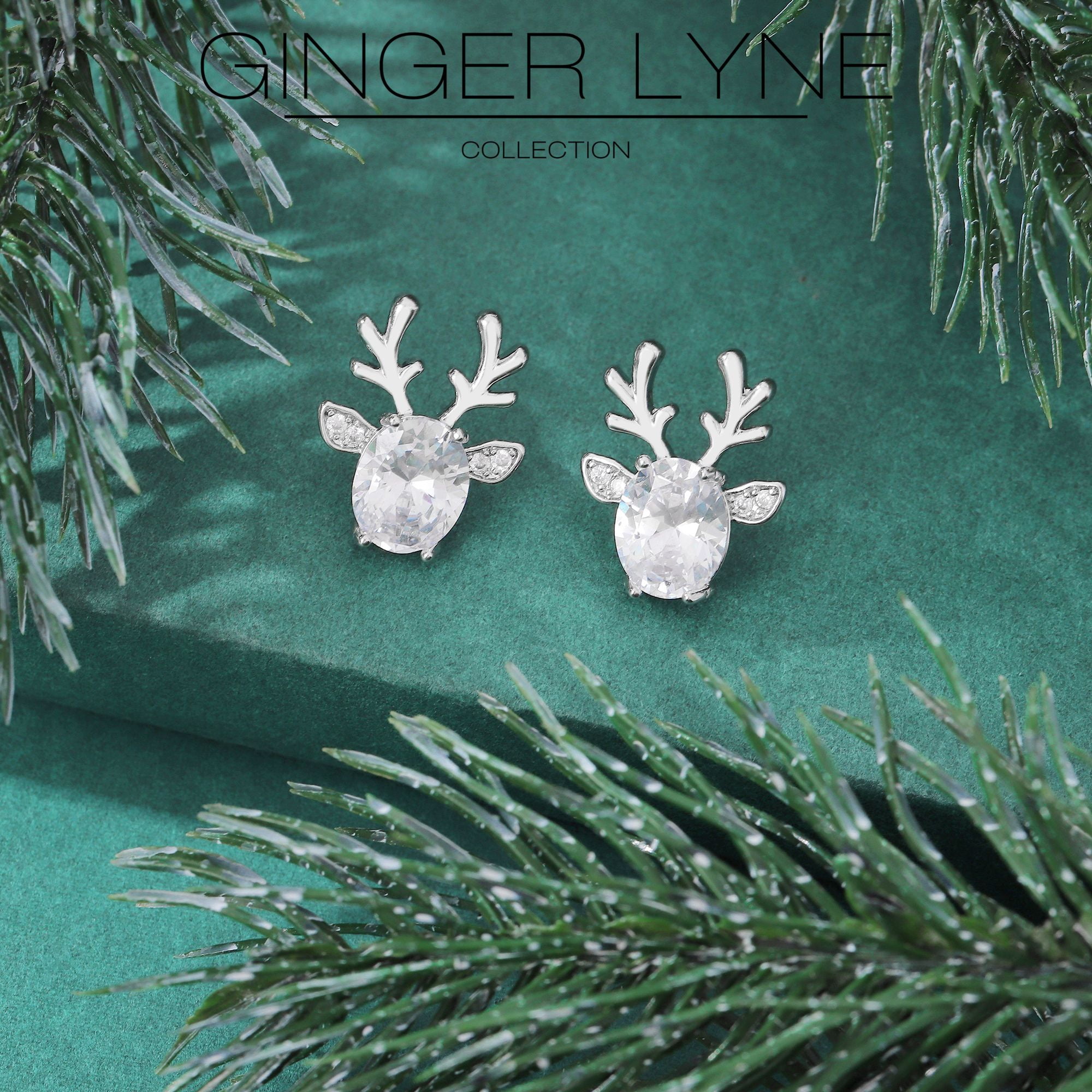 Reindeer Stud Earrings for Women White Gold Plated CZ Christmas Jewelry Ginger Lyne Collection