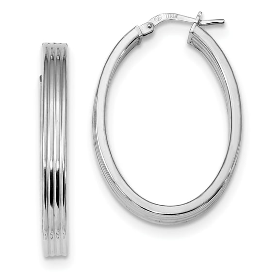 Beautiful Sterling Silver RH-plated Polished Striped 4mm Oval Hoops