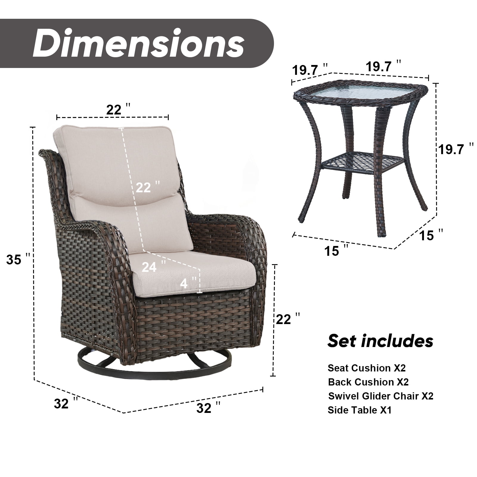 Gymojoy 3 Pieces Patio Furniture Set, Outdoor Swivel Gliders Rocker, Wicker Patio Bistro Set with Rattan Rocking Chair for Backyard,Porch( Beige)