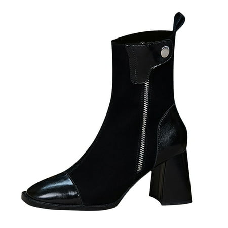 

Qufokar High Heels Boots for Women Booties Boots Women Zipper Women Ankle Boots Autumn And Winter Fashion Solid Color Simple Leather Suede Stitching Comfortable Square Toe Square Heel