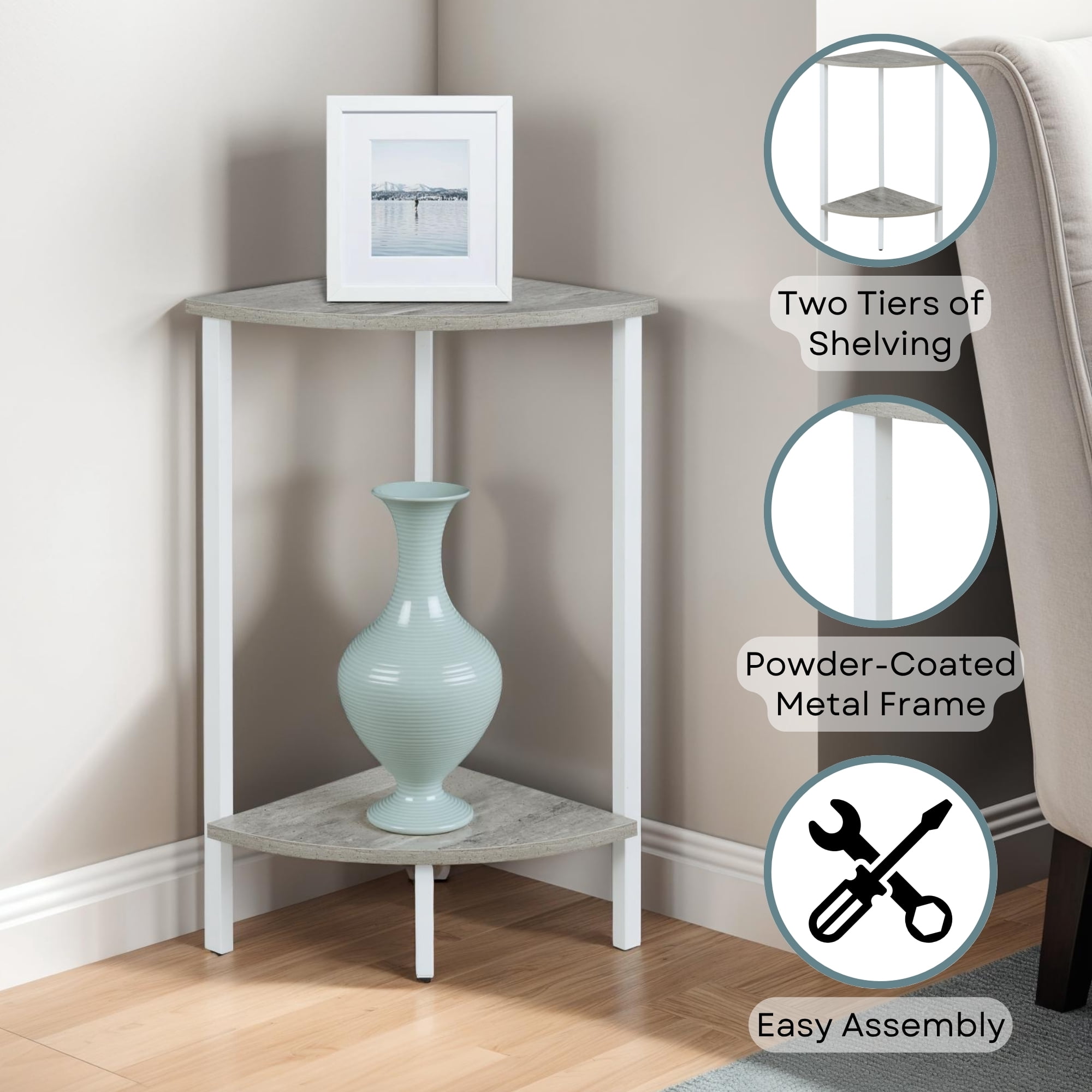 Convenience Concepts Graystone 31 inch 2 Tier Corner Plant Stand, Fauxx Birch/White