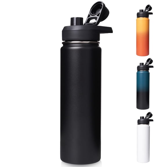 24 oz Stainless Steel Water Bottle with Handle, Wide Mouth Double Wall Vacuum Insulated Thermos, BPA Free Hot Cold Drink Container for Outdoor Sports, Black