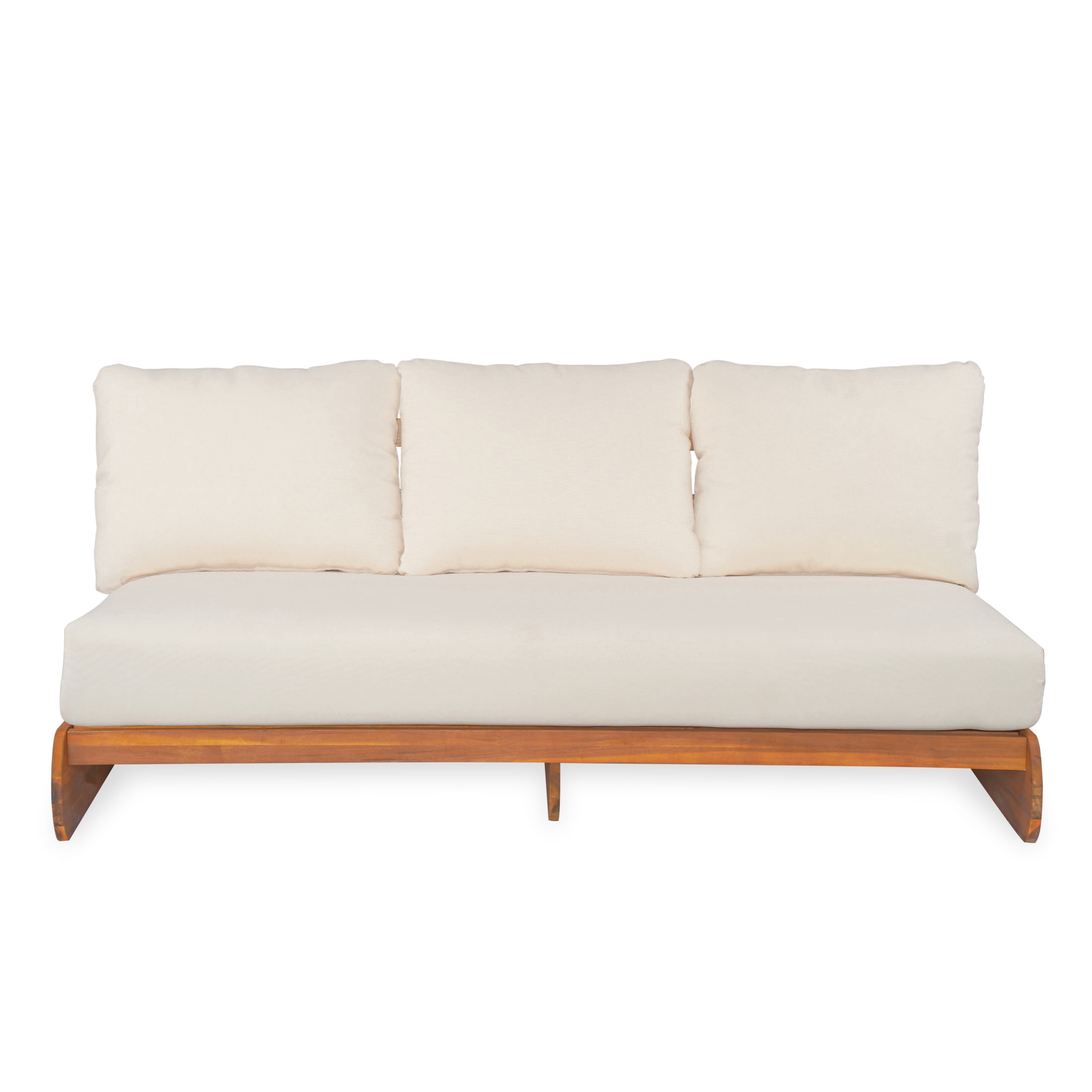 Christopher Knight Home Outdoor 3-Seat Sofa with Reclined Wood Frame & Water-Resistant Cushions, Teak+Beige