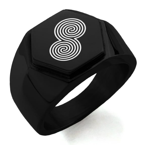 Stainless Steel Celtic Double Spiral Epona Engraved Hexagon Crest Flat Top Biker Style Polished Ring