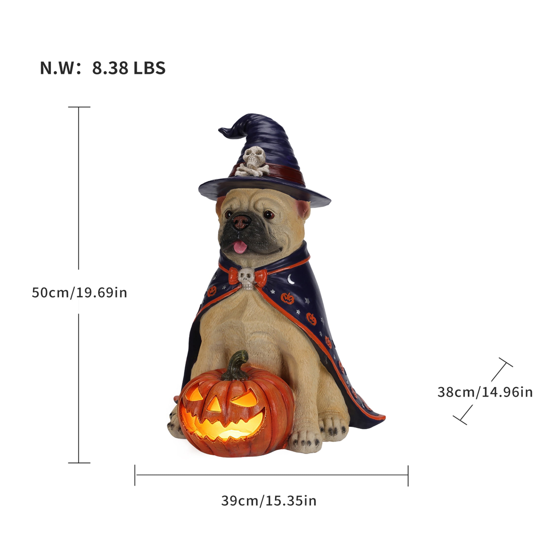 Noble House Halloween Bulldog Witch Puppy Figurine with Pumpkin Lantern, Decorative Statue, Brown