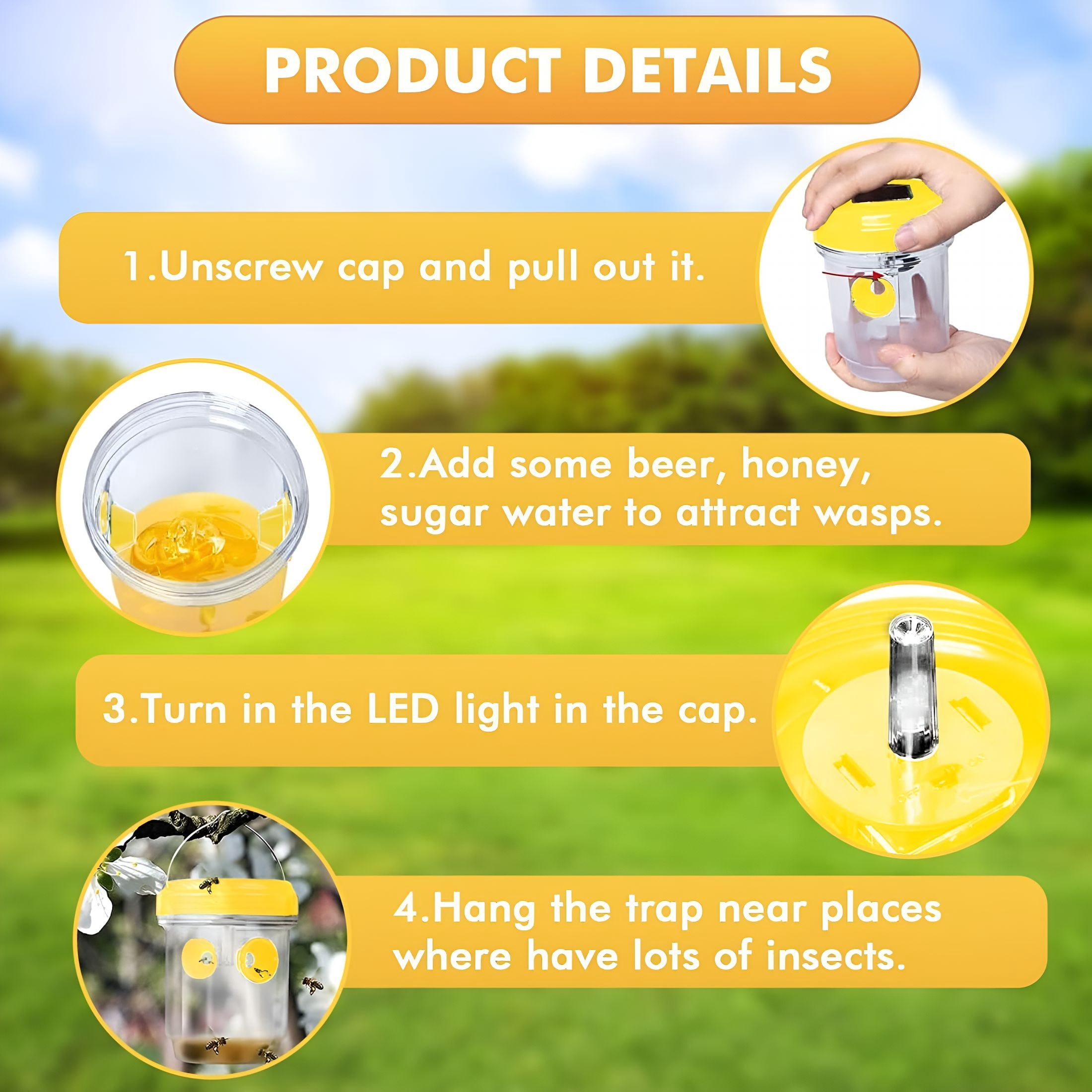 BPPEG Wasp Traps Outdoor Hanging, Solar Bee Trap for Outside, Reusable Solar Powered Hornet Traps, Bee Wasp Catcher Outside Garden 3 Packs