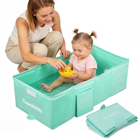 Capakiddo Foldable Toddler Tub, Portable Travel Shower Tub Converts Shower to Tub with Drain Hole, Collapsible Baby Bathtub, Folds to Store, Green