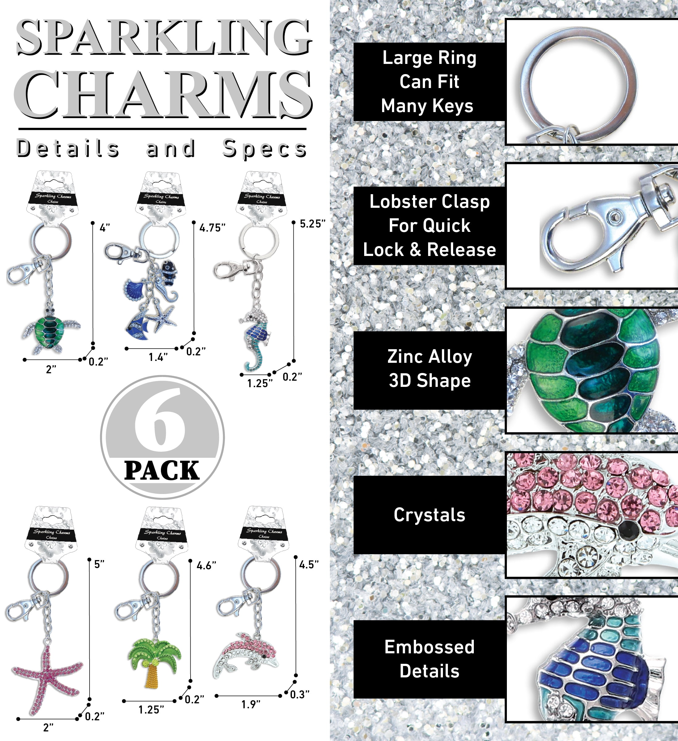Aqua79 Sparkling Keychain Set of 6 – Seahorse, Sea Turtle, Starfish, Palm Tree, Shells, Dolphin 3D Charm Rhinestones, Metal Alloy Key Ring - Accessory with Clasp for Key Chain, Purse and Backpacks