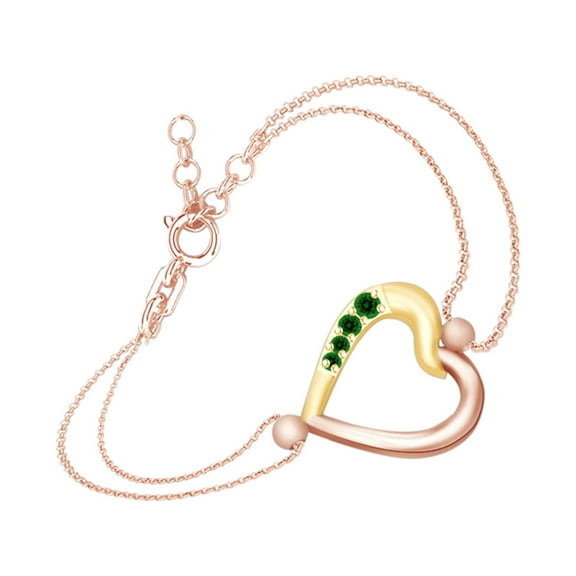 AFFY Round Shape Simulated Emerald Two Tone Heart Link Chain Bracelets In 14k Rose Gold Over Sterling Silver-8.5"