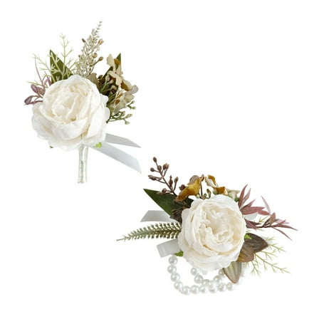 Champagne Wrist Corsage and Boutonniere Set for Proms and Wedding Ceremony