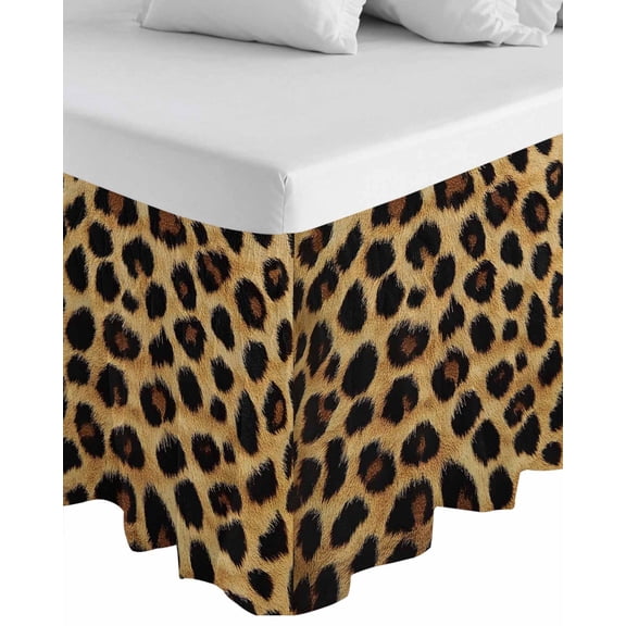 Leopard Print Wrap Around Bed Skirts for Queen Bed 18" Drop,Bed Skirt with Adjustable Elastic Belt Dust Ruffle Bed Valance for Bedroom Hotel Brown Yellow Retro Animal Fur Pattern Bed Frame Cover