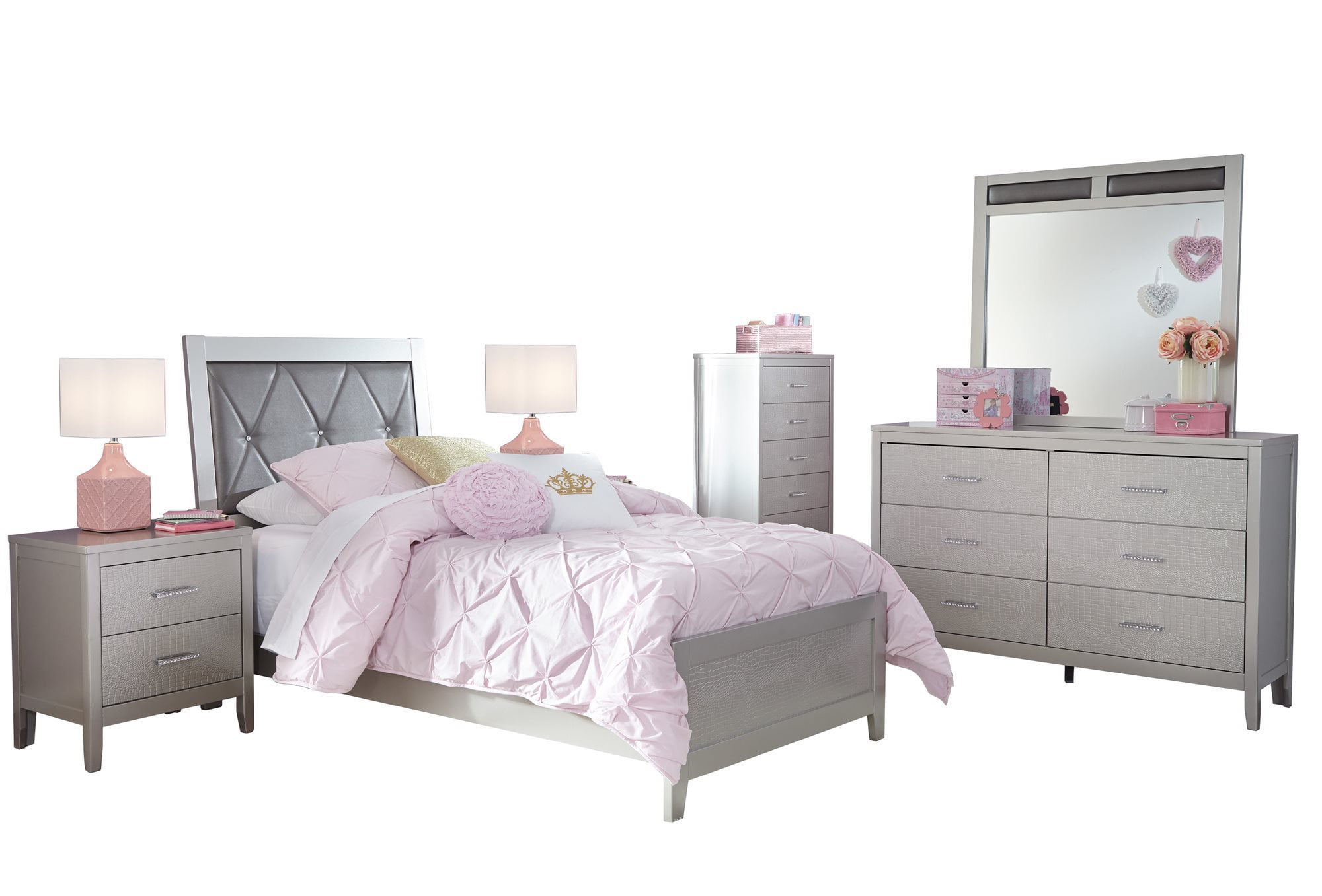 Ashley Furniture Olivet 6 Pc Bedroom Set Twin Panel Bed 2 Nightstand Dresser Mirror Chest Silver Walmart Com Walmart Com