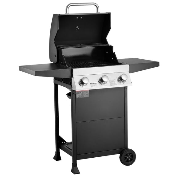 3 Burner Propane Gas Grill 338 SQ.In Grilling Area Carbon Steel Enamel Grates 36000 BTU Outdoor BBQ Grill Foldable Side Shelves