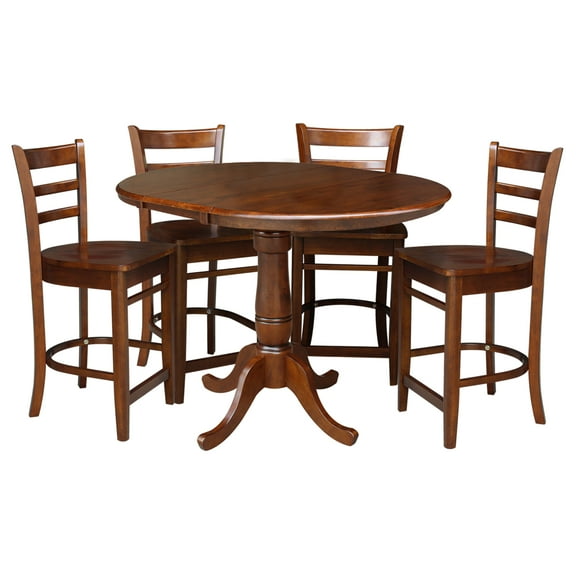 36" Round Solid Wood Extension Dining Table with 4 Emily Counter Height Stools in Espresso by International Concepts