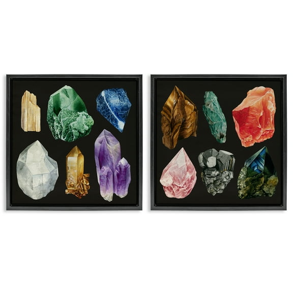 Stupell Industries Various Gemstones on Black STEM Painting Black Floater Framed Canvas Art Print Wall Art, 18 x 18, Set of 2