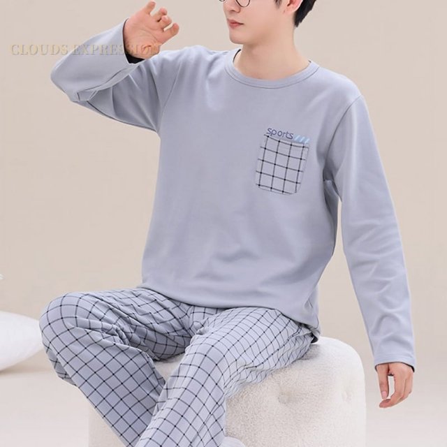 Printemps Automne Plus 5TG Pyjama Tricoté pour Hommes à Carreaux Ensembles de Pyjamas Décontractés Mode Nuit
