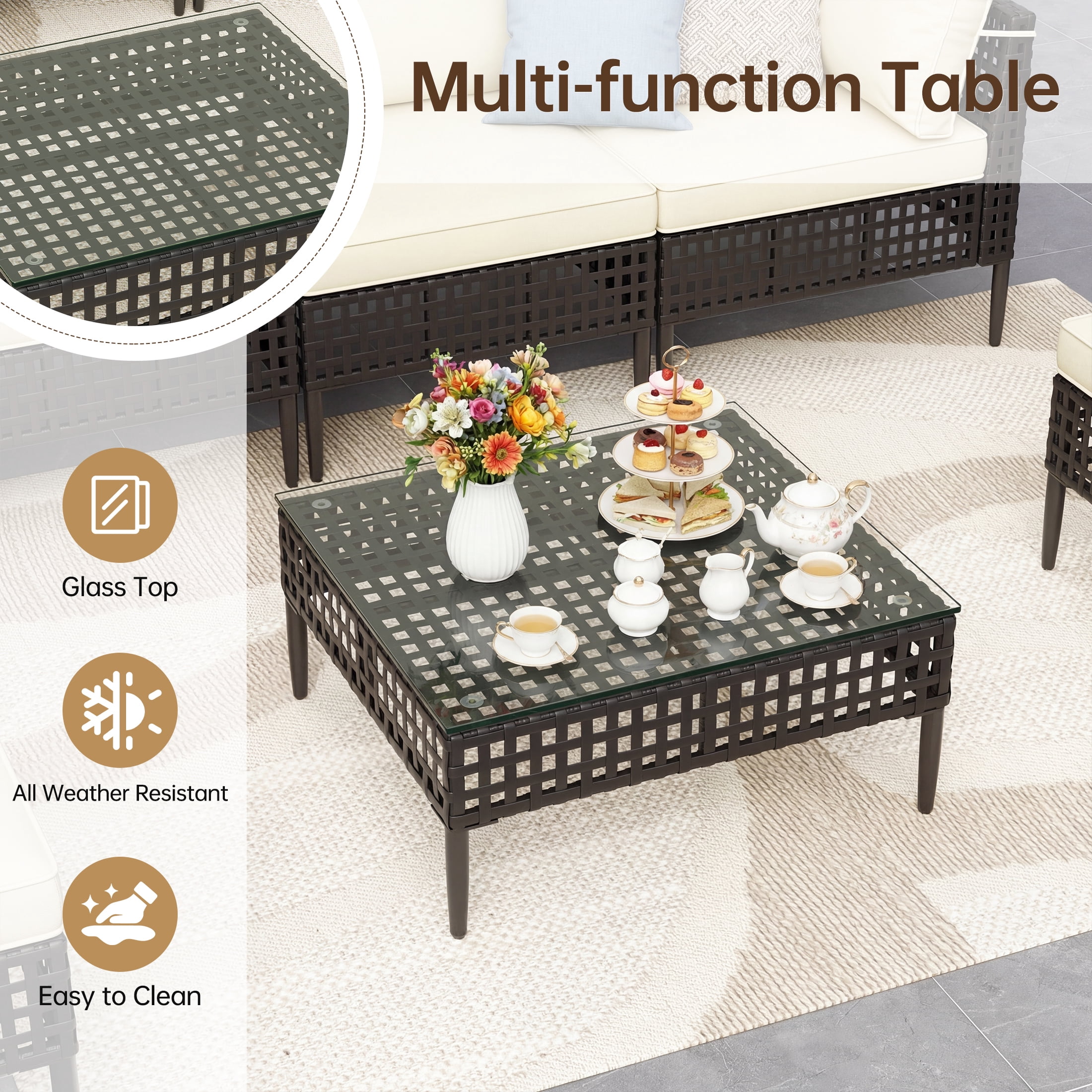 UDPATIO 7 Piece Wicker Patio Furniture Set, Outdoor Conversation Set， Sectional Sofa with Glass Coffee Table， Outdoor Sofa for Porch, Backyard, Black&Beige
