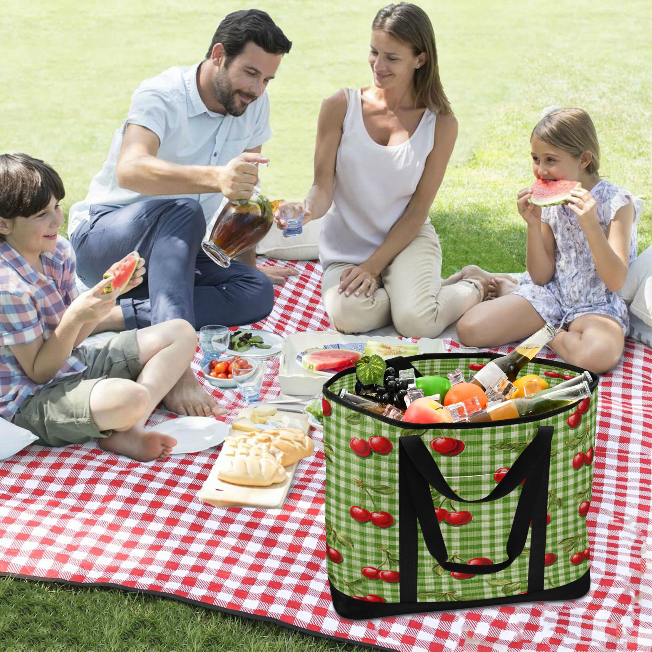 Extra-Large Wide Opening Design Capacity Hand-Held Ice Pack Thickened Insulation Layer For Long-Lasting Cold Retention For Outdoor Shopping Picnics And Camping Inspiration Cherry Painting