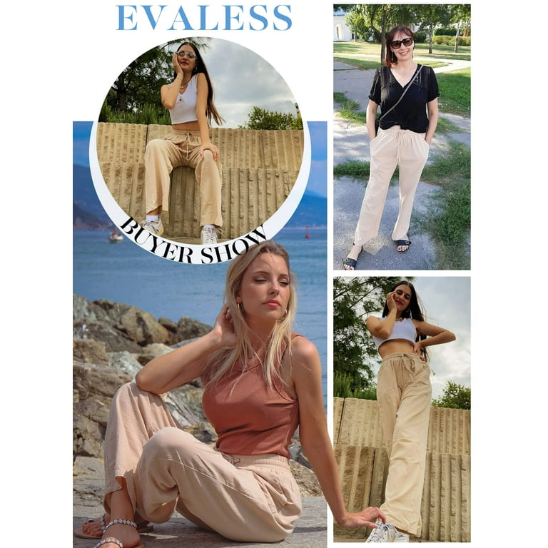 EVALESS Womens Pants Straight Leg Drawstring Elastic High Waist
