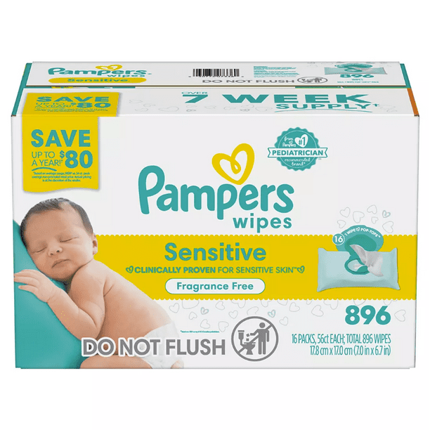 Pampers Baby Wipes Sensitive Fragrance Free Pop-Top Packs, 16 pk