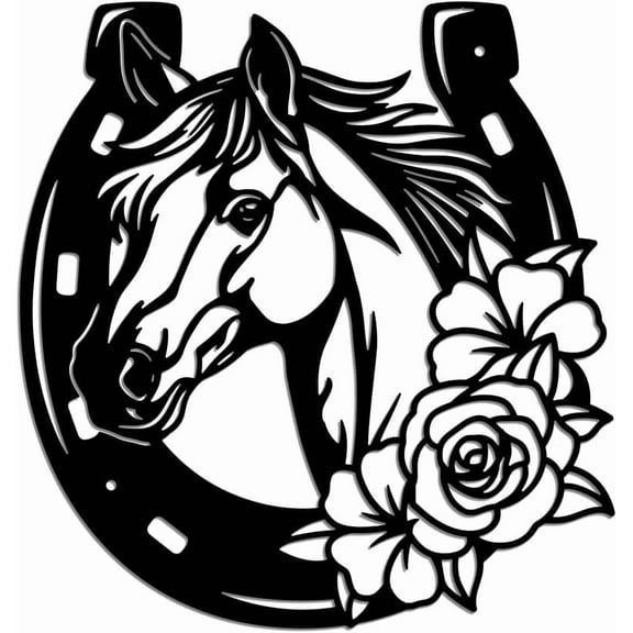 Horse and Flower Metal Wall Art Decor Wild Horse Wall Silhouette Sculpture Signs Horseshoe Animal Wall Art Plaque Home Decor for Home Balcony Garden Courtyard Indoor Outdoor 11.2x11.8 Inch