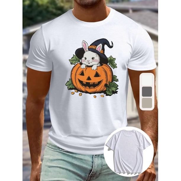 Halloween T-Shirt - Crew Neck Casual T-Shirt with Pumpkin Witch Hat Bunny - Summer Regular Short Sleeve Top