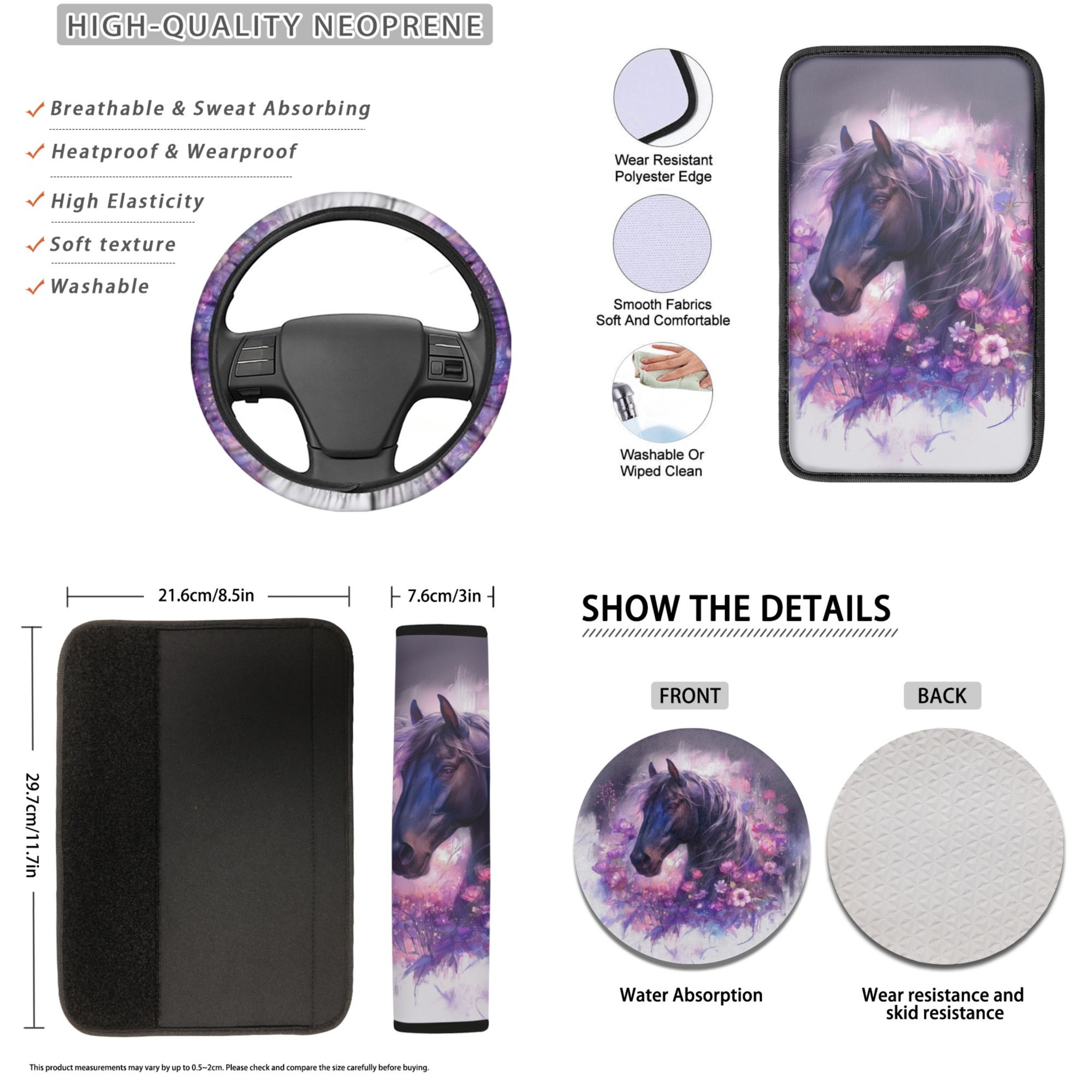 Tutolipy Horse Flower Print 15 Pack Car Seat Cover Sets, Front and Rear Split Bench Seat Covers for Cars, Steering Wheel Cover Seatbelt Pad Car Center Console Cover