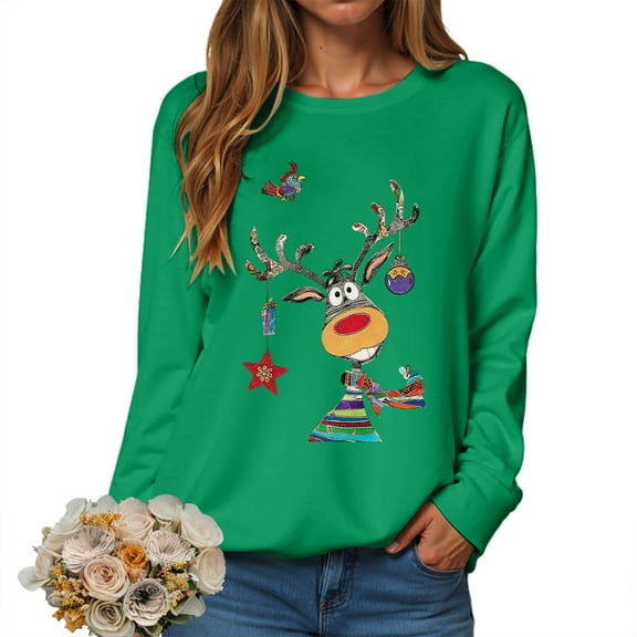TTUHYWXI Women Long Sleeve Sweatshirt Fashion 2025 Christmas Reindeer Print Casual Fall Round Neck Loose Fit Blouses Xmas Clothes (Green, S)