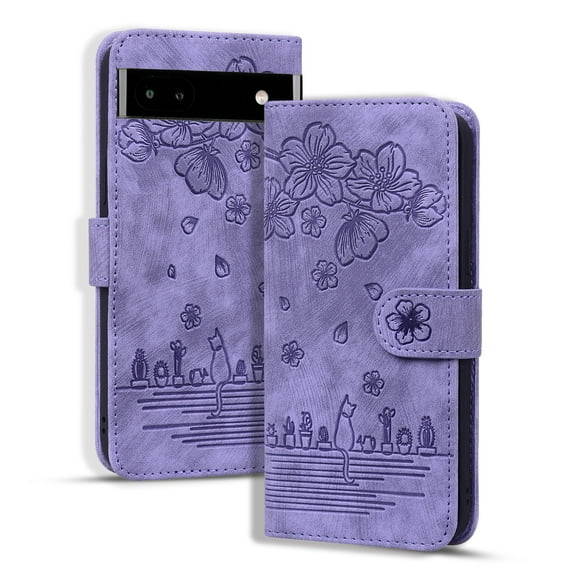 SaniMore Magnetic Wallet Case for Google Pixel 7A [RFID Blocking] Card Holder, Cartoon Embossing PU Leather Kickstand & Wrist Strap Shockproof Shell for Google Pixel 7A Girls Women, Purple