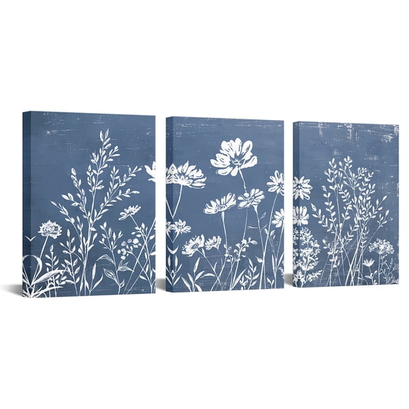 Furnster 12''x16''3Pcs Botanical Flower Canvas Wall Art with Blue Background Framed Plant Paintings Floral Picture Decor for Bedroom, Living Room, Bathroom ,Office Wall Decor