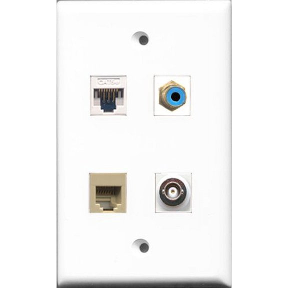 RiteAV 1 Port RCA Blue and 1 Port Phone RJ11 RJ12 Beige and 1 Port BNC and 1 Port Cat5e Ethernet White Wall Plate