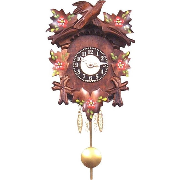 Alexander Taron  Engstler Battery-operated Clock - Mini Size - Black Forest Carved Clock with Cuckoo and Red Flowers