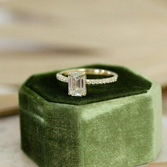 Vintage Emerald Cut Moissanite Engagement Ring, 4 Prong Half Eternity Ring Delicate Diamond Wedding Ring Anniversary Promise Ring for Women
