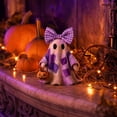 thumbnail image 4 of Miwamany Halloween Ghost Resin Figurine, Cute Patchwork Statue with Bow Pumpkin Bucket, Spooky Tabletop Decor for Home Shelf Party Gift Decoration Display, 4 of 7