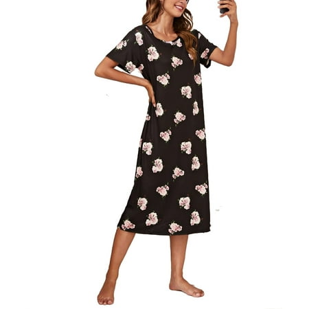 

Elegant Floral Print Round Neck Sleepshirts Short Sleeve Black Women s Nightgowns (Women s)