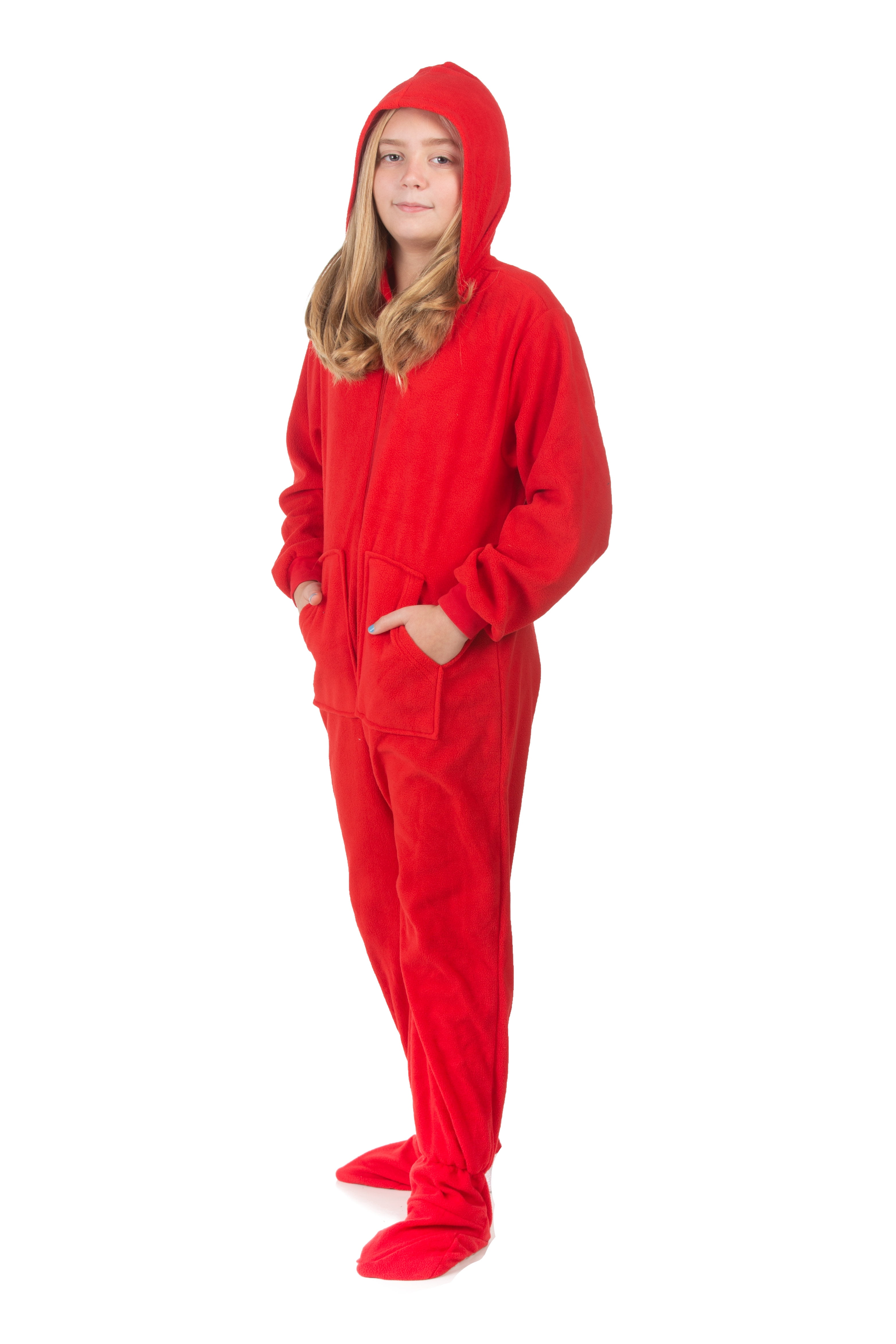 Big Feet Pjs Kids Red Fleece Hoodie Footed Onesie Pajamas for Boys & Girls Size 8