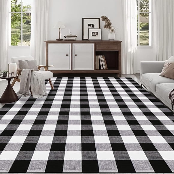 YINMEIJU Buffalo Plaid Rug 5.5'x7.5'Black and White Area Rug,Washable Cotton Woven Indoor/Outdoor Rug for Farmhouse/Dining Room/Bedroom/Living Room Rug Retro Lattice Checkered Carpet
