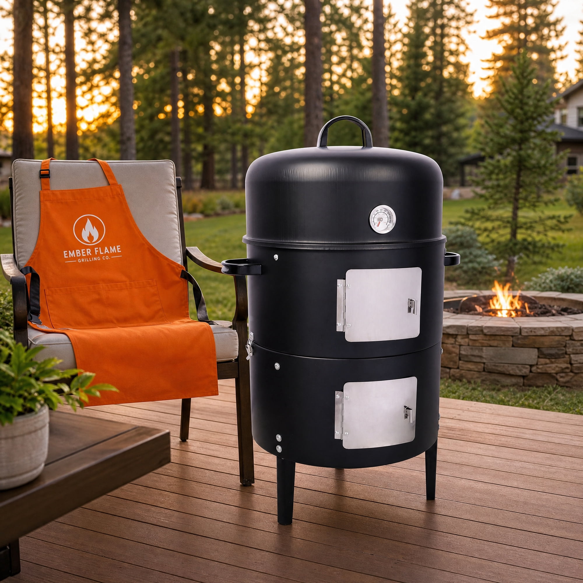 17 Inch Heavy Duty Round Charcoal Smoker BBQ Grill Outdoor Cooking Grill with Temperature Control Dual Doors Black
