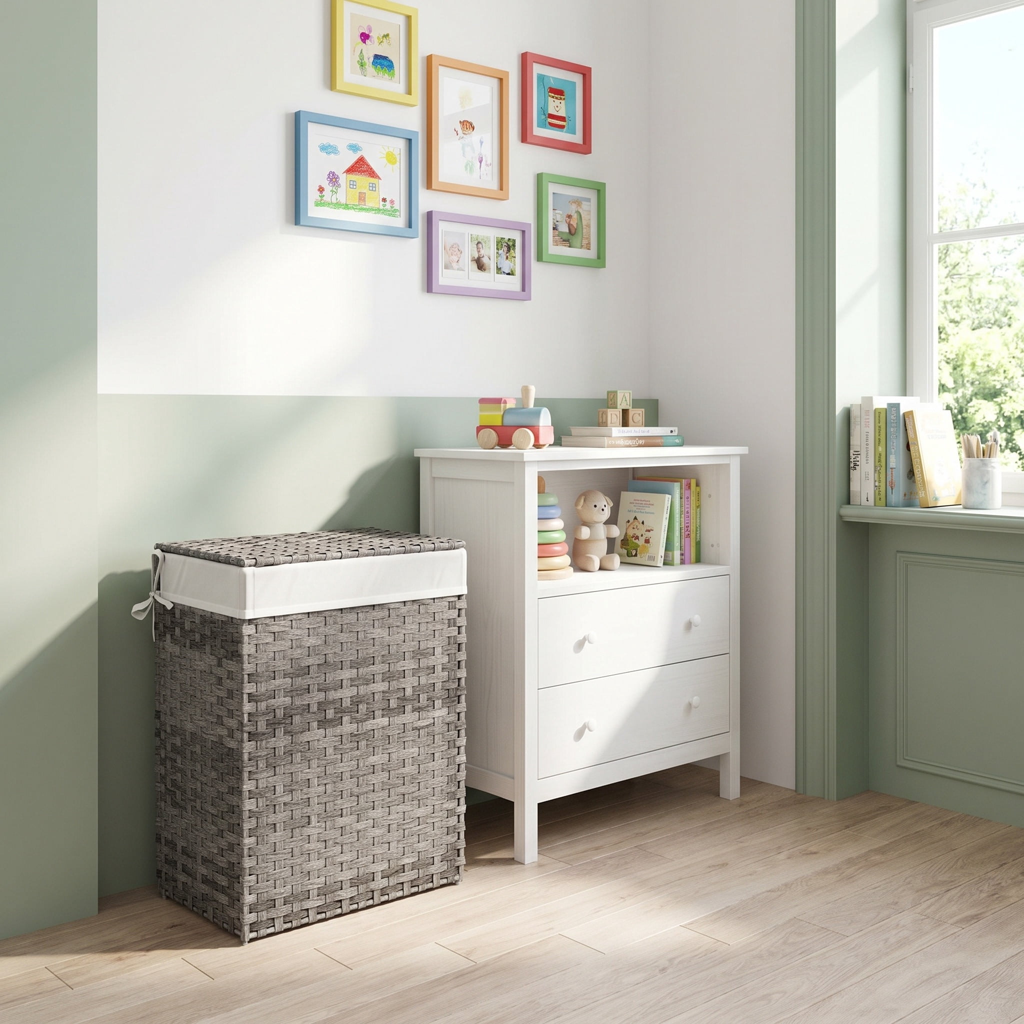 Nordic Hygge 23.8 Gal. Dove Gray Synthetic Rattan Laundry Hamper with Lid and Removable Liner