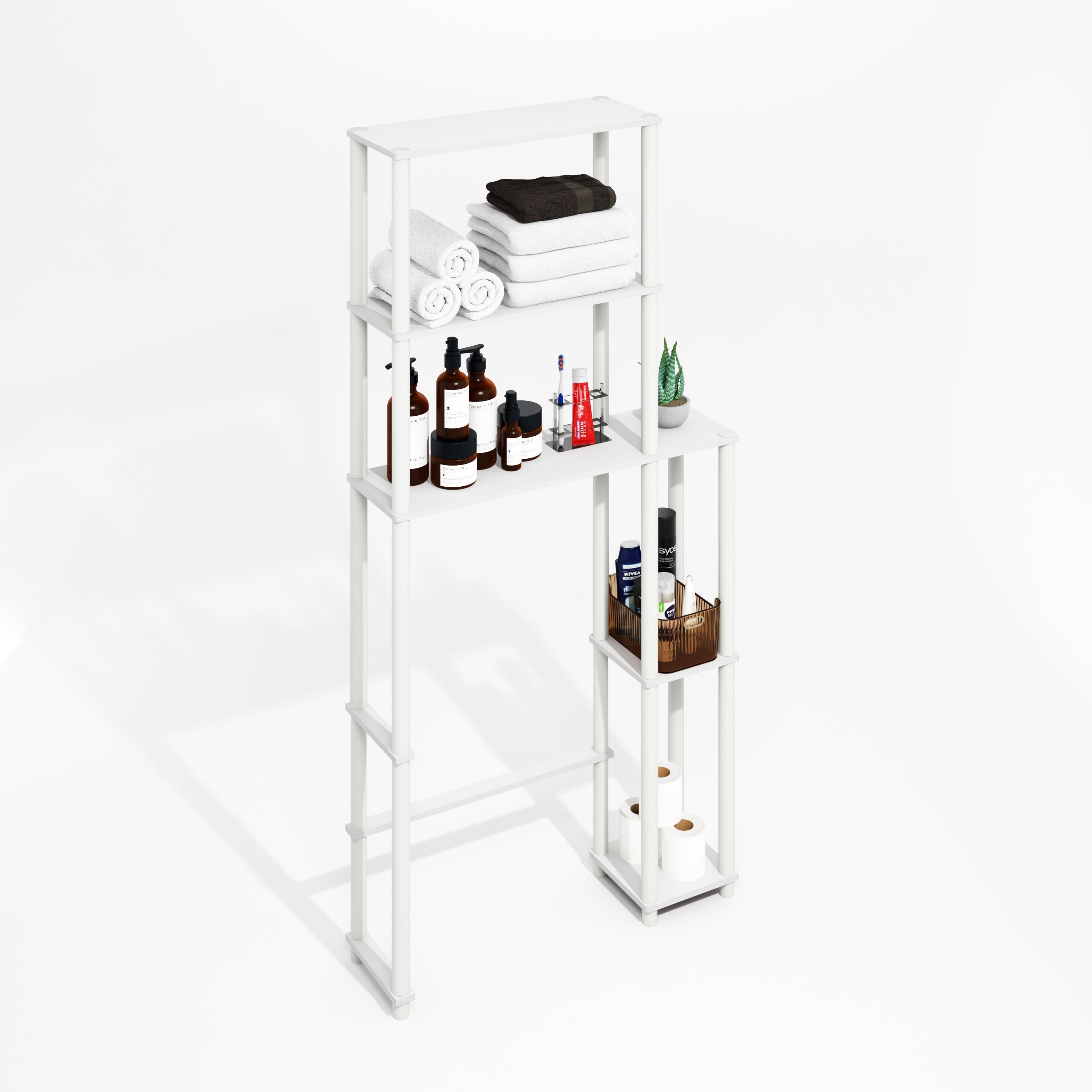 Furinno Turn-N-Tube Freestanding Over-The-Toilet Bathroom Shelves, Storage Rack with 5 Shelves, Plain White/White