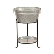 Beverage Tub w/Tray/Stand in Galvanized Steel "Pebbled Texture" by Madhu's Collection. Assembled Oval Shape Measurements H29.5in L20in W13in. Handmade by Best Artisans of mg Decor.