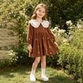 thumbnail image 6 of Toddler Warm Corduroy Fall Outfit Contrast Big Ruffle Collar Tiny Floral Embroidery Gathered Waist Casual Dress for Birthday Parties Indoor Tea Parties Brown 100, 6 of 7