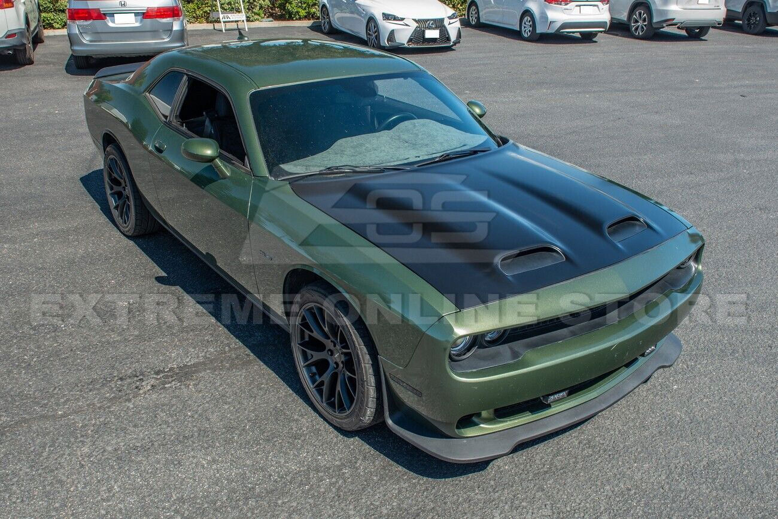 Replacement For 2008-Present Dodge Challenger Models | SRT Hellcat Redeye Style Aluminum - Primed Black Replacement Front Air Vented Scoop Hood Cover HOOD-711-ALUMINUM