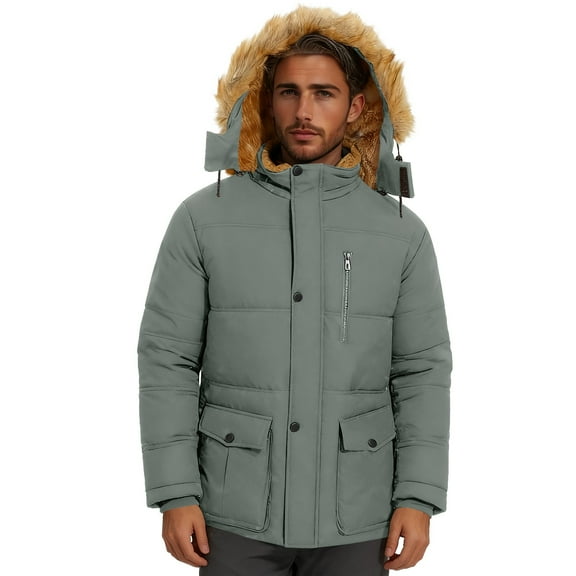 USNSM Men’s Winter Jacket Thicken Warm Fleece Lined Hoodie Water Repellent Windproof Parka Padded Coat with Pockets Gray XL