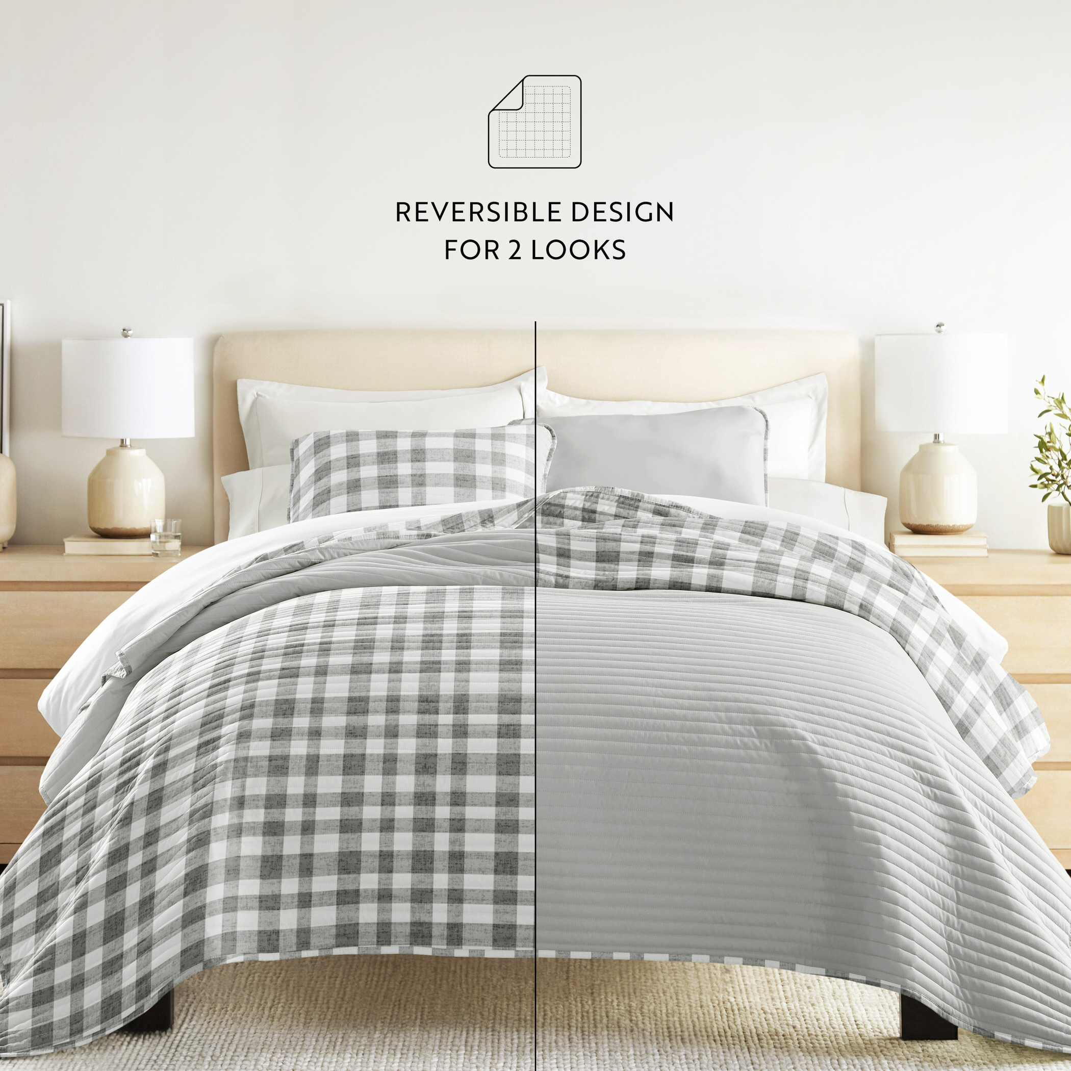 Noble Linens 3-Piece Gray Watercolor Plaid Reversible Quilt Set, Queen