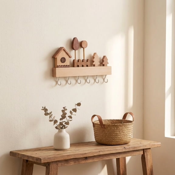 Wall Mounted Key Holder No Drill, Adhesive Key Rack with Hooks for Entryway 8.8"X5.9"